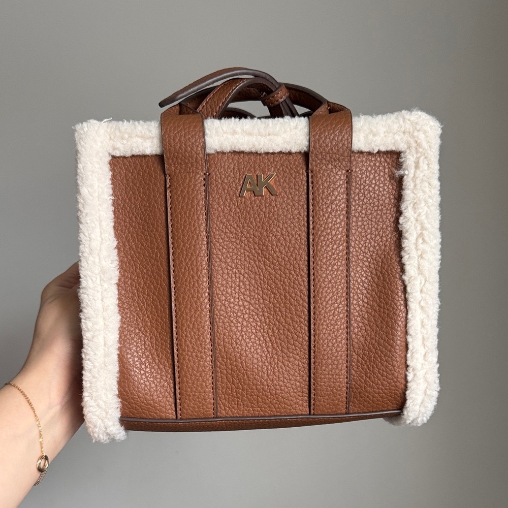 Anne Klein Brown Pebbled Leather Tote with Cream Shearling Trim